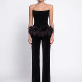 Black Velvet Corset with Feather Detail - Black - Souvie