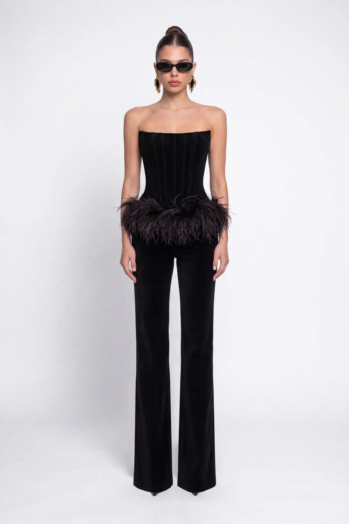 Black Velvet Corset with Feather Detail - Black - Souvie