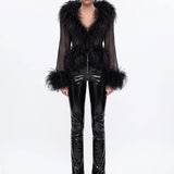 Black Chiffon Top with Feather Detail - Black - Souvie