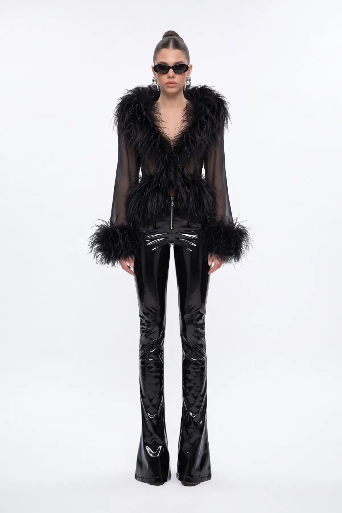 Black Chiffon Top with Feather Detail - Black - Souvie