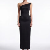 Black Satin Midi Dress with Collar Detail - Black - Souvie