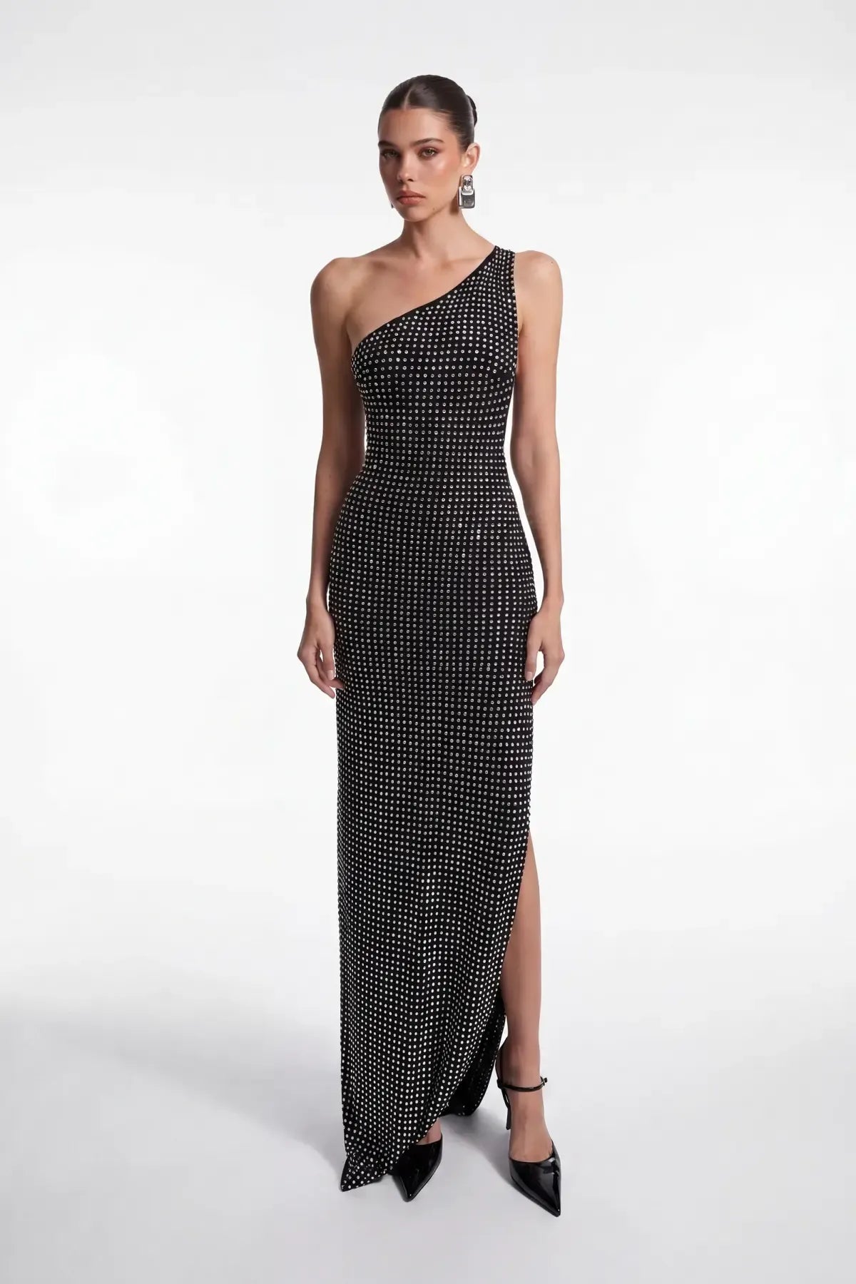 Black One-Shoulder Open-Back Maxi Dress with Stone Embellishment - Black - Souvie
