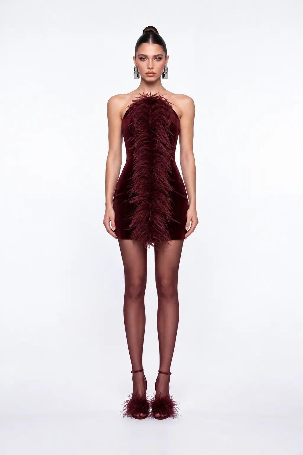 Burgundy Velvet Mini Bodycon Dress with Feather Detail - Burgundy - Souvie