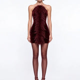 Burgundy Velvet Mini Bodycon Dress with Feather Detail - Burgundy - Souvie