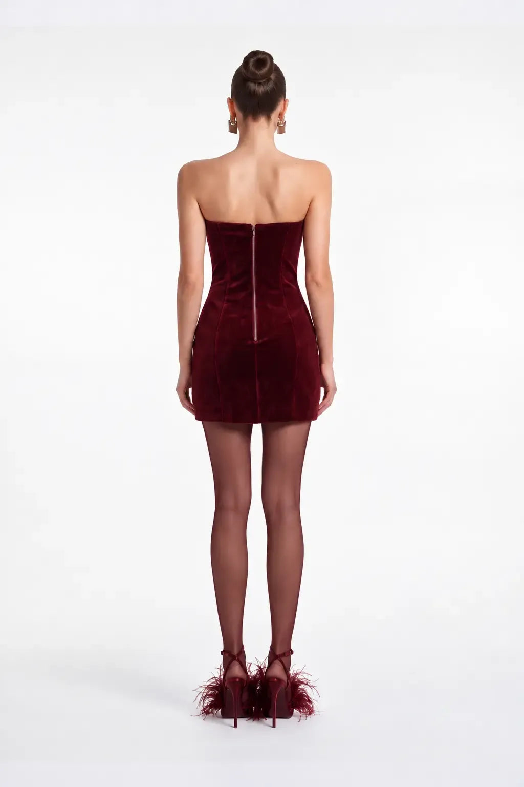 Tüy Detayli Bordo Kadife Mini Bodycon Elbise - Bordo - Souvie