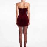 Tüy Detayli Bordo Kadife Mini Bodycon Elbise - Bordo - Souvie