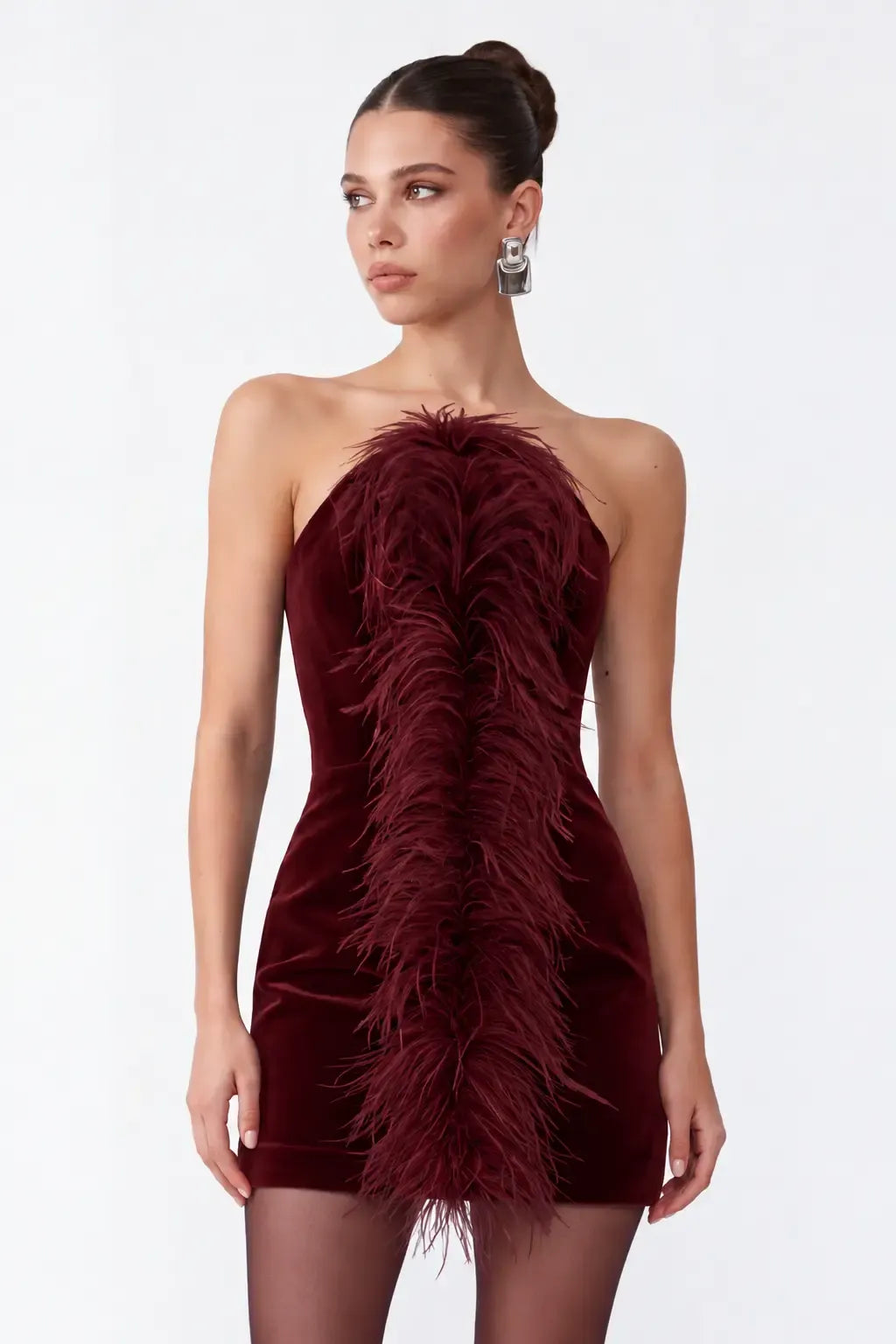 Tüy Detayli Bordo Kadife Mini Bodycon Elbise - Bordo - Souvie
