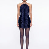 Navy Velvet Mini Bodycon Dress with Feather Detail - Navy - Souvie