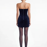 Tüy Detayli Lacivert Kadife Mini Bodycon Elbise - Lacivert - Souvie