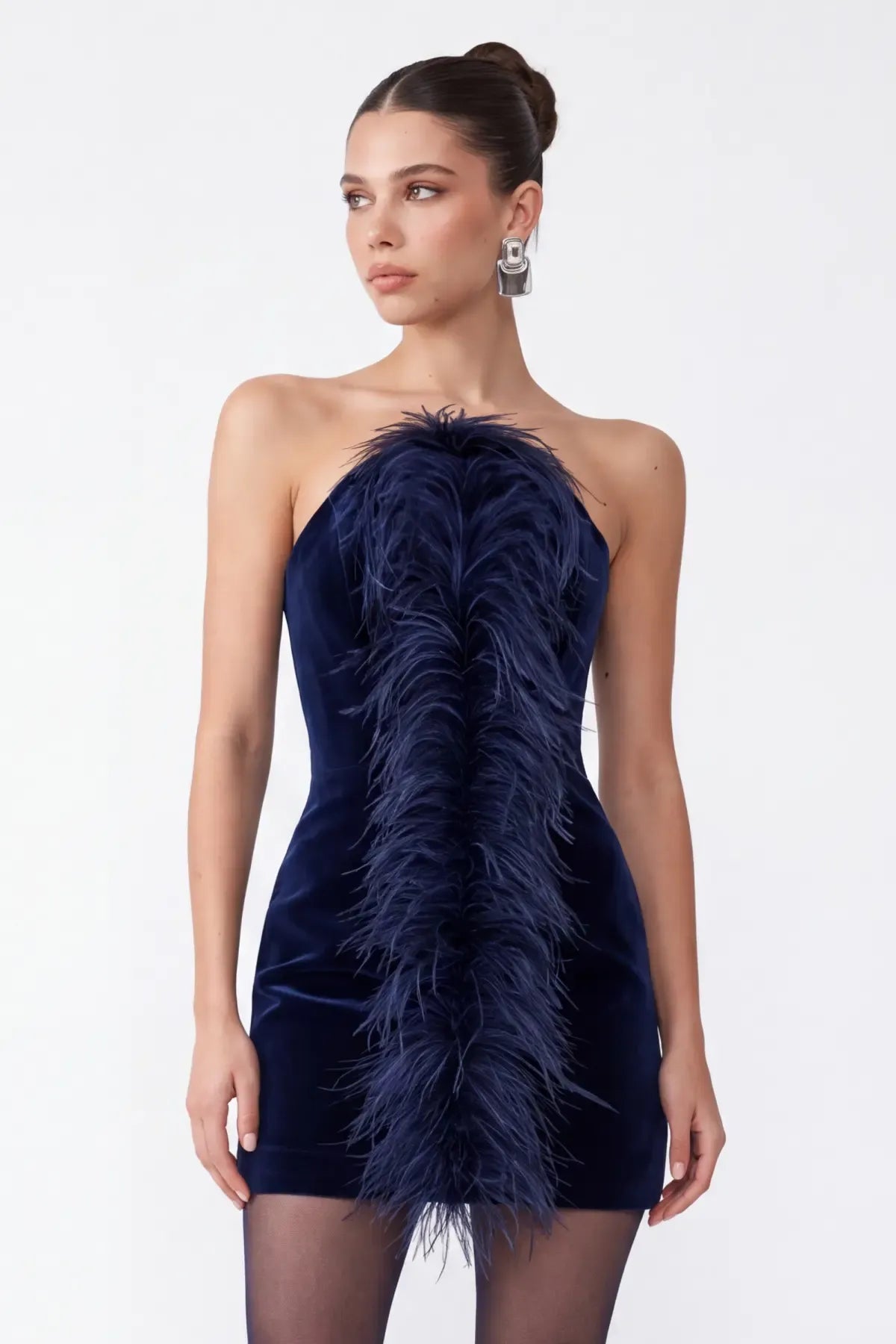 Tüy Detayli Lacivert Kadife Mini Bodycon Elbise - Lacivert - Souvie