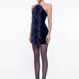 Tüy Detayli Lacivert Kadife Mini Bodycon Elbise - Lacivert - Souvie