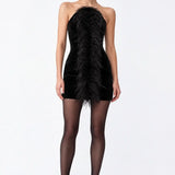 Tüy Detayli Siyah Kadife Mini Bodycon Elbise - Siyah - Souvie
