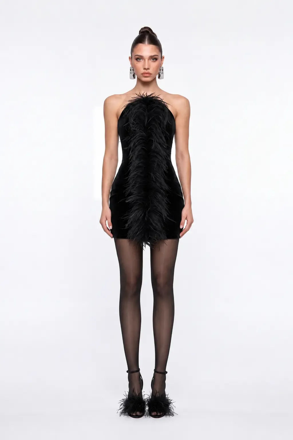 Black Velvet Mini Bodycon Dress with Feather Detail - Black - Souvie