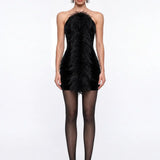 Black Velvet Mini Bodycon Dress with Feather Detail - Black - Souvie