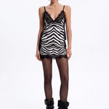 Zebra-Print Satin Mini Dress with Lace Detail - Black - Souvie